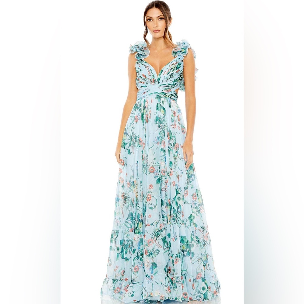 Ieena for Mac Duggal | Blue Chiffon V-Neck Sleeveless Cut-Out Lace Up Back Gown